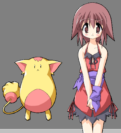 Futaba standing beside the yellow creature Tadakichi-san