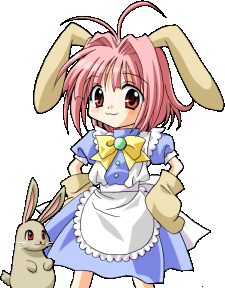 Creator-site shell preview of Mimi, a pink-haired girl in a frilled dress with long rabbit ears, beside the small rabbit Damian-sama