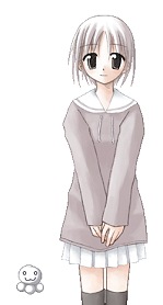 Naru in a grey school uniform standing beside the tiny white Yuuka