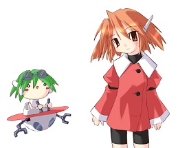 Seriko in a red coat standing beside the tiny Maruchii seated on a wheeled platform
