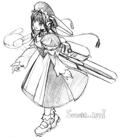 Official line-art illustration of Suzuri in a dress with mechanical attachments and a USB cable