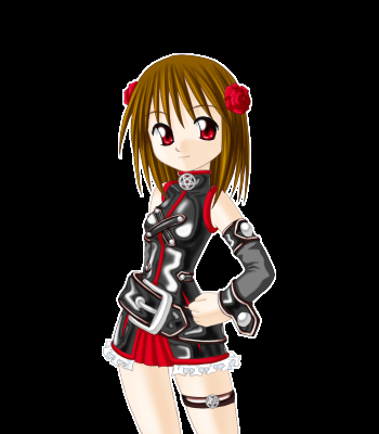 Busuko wearing a black and red outfit in the default THE TOXIC WALTZ artwork